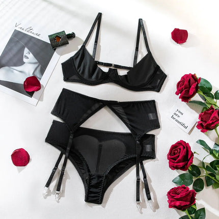 Plus Size Women Transparent Open Bra+Panty+Garter Kit Fancy Babydoll Cosplay Porno Sexy Underwear Underwire Bra Set