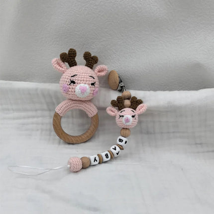 Baby Rattle Crochet Bear Teether Rattle With Bells Pacifier Chain Newborn Montessori Educational Toy Wooden Rings Baby Toys
