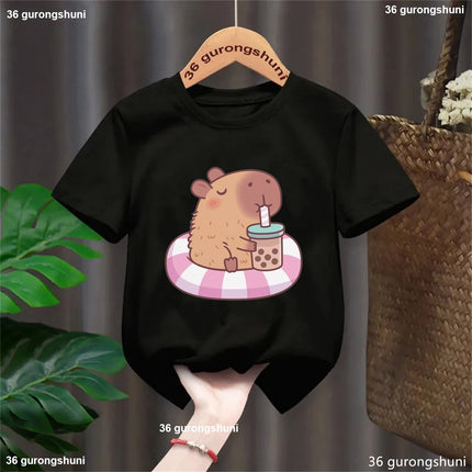 Funny T-Shirt Capybara With Turtle Loves Bubble Milk Tea Printed T-Shirt Girls/Boys Kawaii Kids Clothes Harajuku Shirt Tops