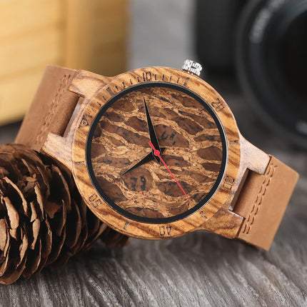 Unique Irregular Pattern Display Wood Watches Quartz Timepiece Men's Genuine Leather Casual Hot Fashion Male Wooden Clock reloj