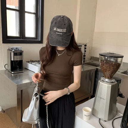 American style spicy girl shoulder T-shirt for women in summer 2025, tight fitting and slimming short top, basic elastic short s