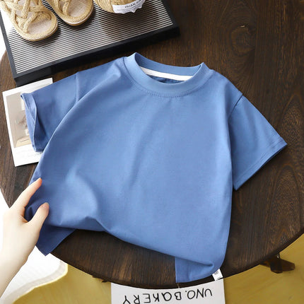 2-10Y Children's Pure Cotton Short Sleeved Pullover T-shirt Baby Boys Girls Summer Clothes New Students Solid Color Tops
