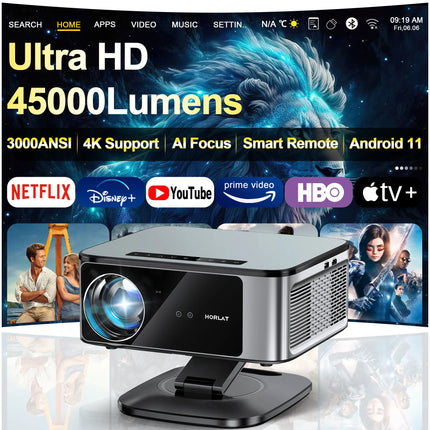 2025 HORLAT 45000 Lumens 4K UHD Projector Laser TOF Focus Android 14 WiFi 6 1080P Full HD Daylight Home Theater Movie Projector