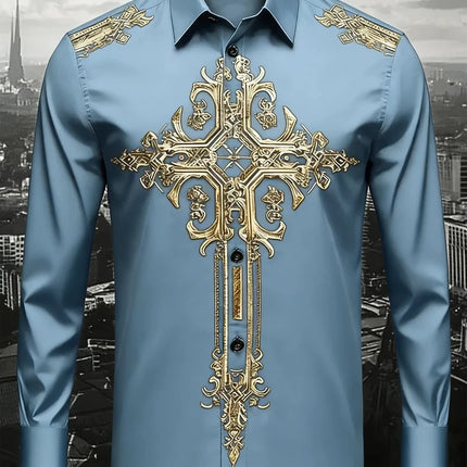 New men's gold printed shirt, soft fabric, comfortable, luxurious, high-quality, long sleeved button up party dress shirt