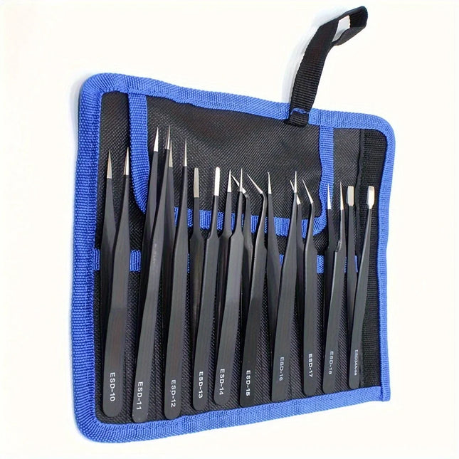 1set Canvas bag leather cover stainless steel black tweezers set anti-static precision pointed 1.5mm nail graft repair
