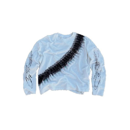 Street loose print pullover waffle long sleeved T-shirt men's American casual round neck top