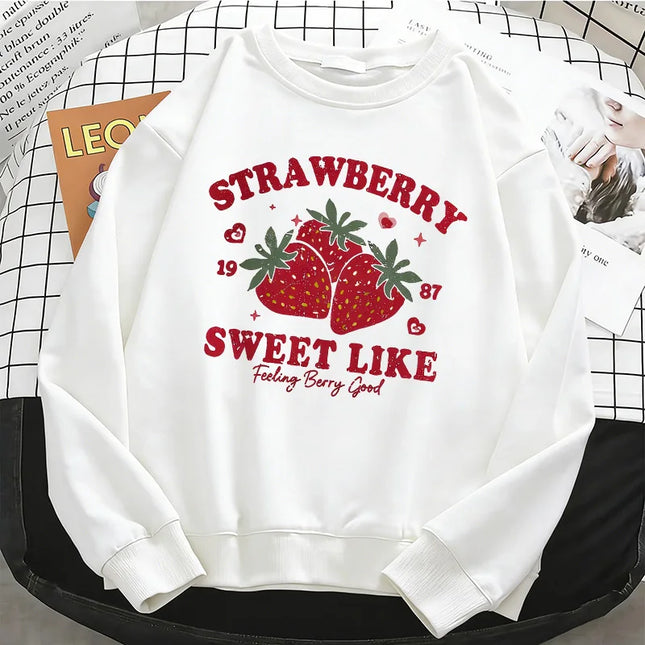 Strawberry Fashion Womens Solid Hoodies Basic Warm Fleece Sweatshirt Soft Breathable O-Neck Pullover Casual Female Clothes