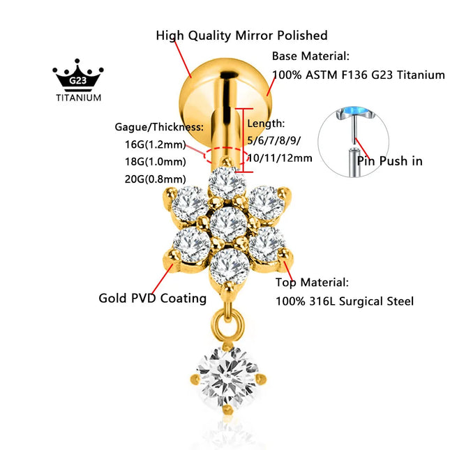 ASTM F136 G23 Titanium Flower Petals Butterfly Labret Threadless Piercing Pin Push in Lip Stud Daith Conch Earring 16G 18G 20G