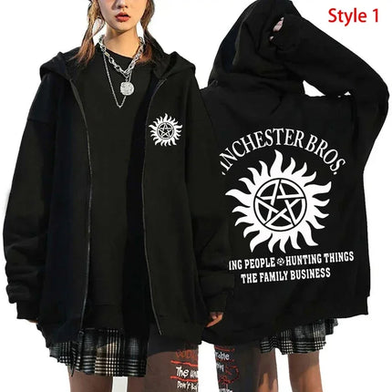 Fashion Unisex Autumn Winter Coat Supernatural Print Zipper Hoodie Casual Long Sleeve Tops Women Men Harajuku Zipper Sweatshirt