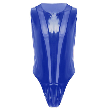 Mens Wet Look Patent Leather Bodysuit Sleeveless Mesh Patchwork Buttoned Crotch Leotard Jumpsuit Clubwear Pole Dance Costumes