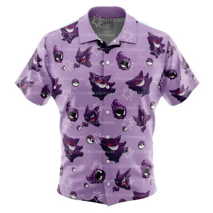 2026 Gengar Pattern Pokemon Button Up Hawaiian Shirt Leisure Dry Quickly Men's Shirt Kid's Clothing Tee Top Women's Clothing