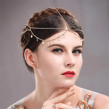 1PC Gold Chain Headpiece with Disc Charms, Boho-Style Hair Accessory, Elegant Head Chain for Festivals & Parties