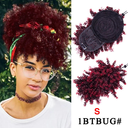 Leeons New Synthetic Afro Kinky Curly Hair Bangs Puff Hair Bun Drawstring Ponytails Clip On Hair Extension Updo Pineapple Fringe