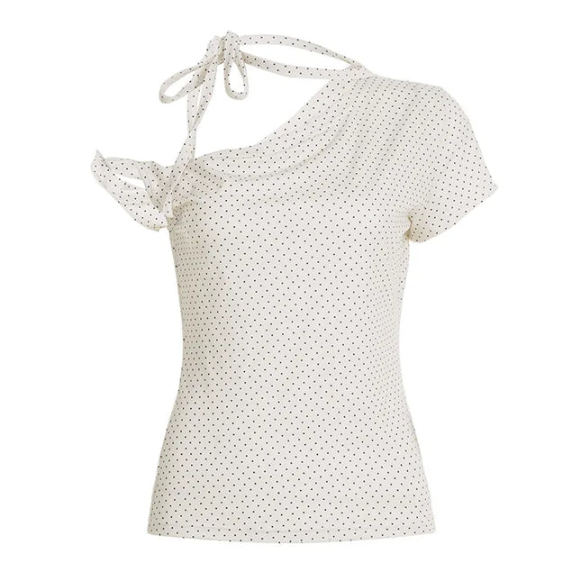 Sweet Polka Dot Prints T-Shirts Fashion Women Cute Design One-Shoulder Summer Tops Casual Korean Office Lady Commute Slim Tees