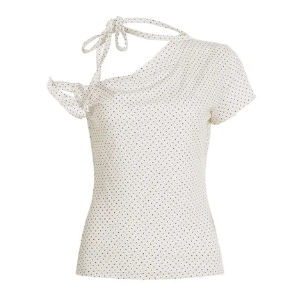 Sweet Polka Dot Prints T-Shirts Fashion Women Cute Design One-Shoulder Summer Tops Casual Korean Office Lady Commute Slim Tees