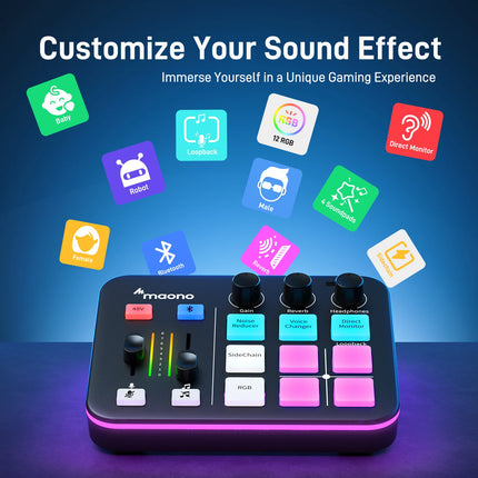 MAONO G1 NEO Gaming Audio Mixer Custom Sound Effects RGB Streaming with XLR Microphone Audio Interface for Game Voice Podcast