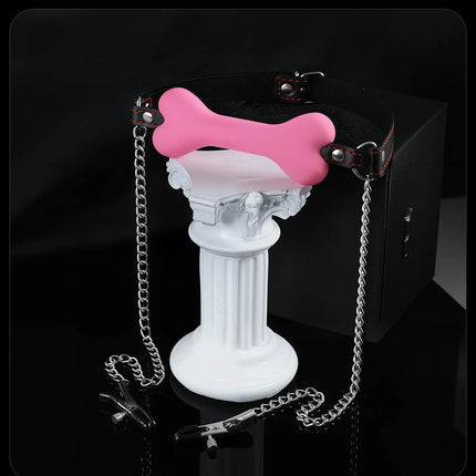 BDSM Silicone Bone Gag with Red Stitching Puppy Play Pet Play Role Play Adjustable Leather Strap Bondage Adult Toy for Couples