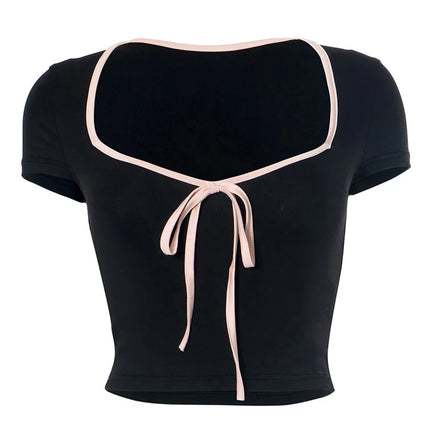 Y2K Summer Crop Top Bow Baby Tees Women's Clothes Chic Cute Low Cut Short Sleeve T-Shirts Black