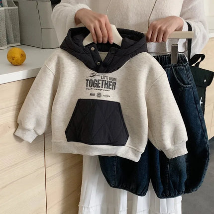 2025 Autumn Winter Children Velvet Sweatshirt Toddler Hooded Tops Kids Clothes Boys Girls Casual Pullover Letter Hoodies