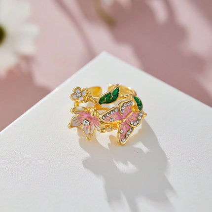 Aesthetic Flower Butterfly Rings for Female Romantic Rhinestone Stylish Non-fading Opening Ring Women Wedding Jewelry Party Gift