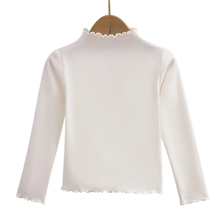 Girls' Long-Sleeve T-Shirt with Ruffle Edges, Soft and Warm Fashion Solid Color Tops, Cute Spring Autumn Casual Shirt for Kids