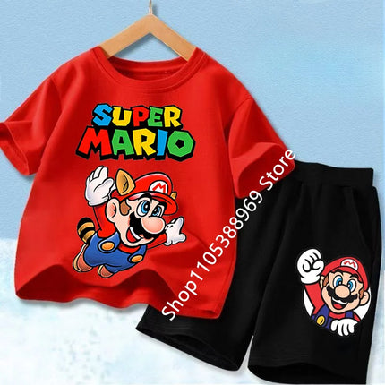 Super Marios Printed Kids Tracksuit Set Short Sleeve T Shirt & Loose Shorts 2PCS Casual Outfit For Boys And Girls Age 3-12