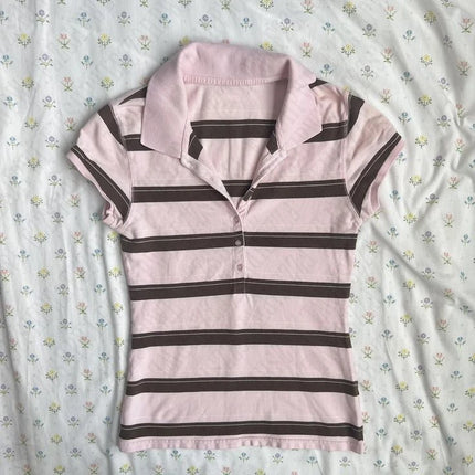 Stripes Maiden Chic Vintage Sweet Clothing Y2K Elegant Women's T-shirts Cute Slim Aesthetic Polo Tops Classic Harajuku Fashion Tee