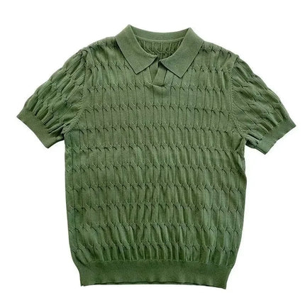 Men's Knit Polo Shirt Summer Short Sleeve V-Neck Slim Fit Business Casual Top Youth Elastic Korean Street T-Shirt