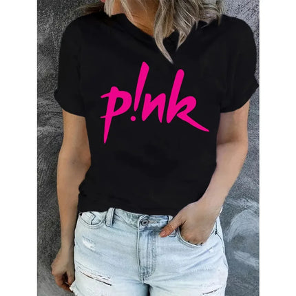 Women's Pink Creative Letter Fashion Harajuku Printed T-shirt Summer Short Sleeve Round Neck Casual Fashion Woman Clothing