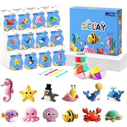 Air Dry Clay Kit, 12 Ocean Animal Molds, full DIY tools & tutorials, soft non-sticky clay, creative kids gift for Children’s Day