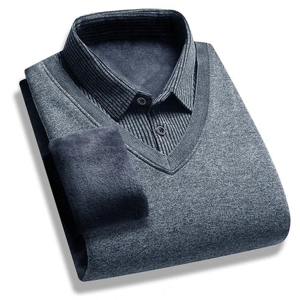 Autumn and Winter New Collection with Fleece Fake Two Piece Long Sleeved Polo Shirt for Men Fashionable and Casual Versatile Top