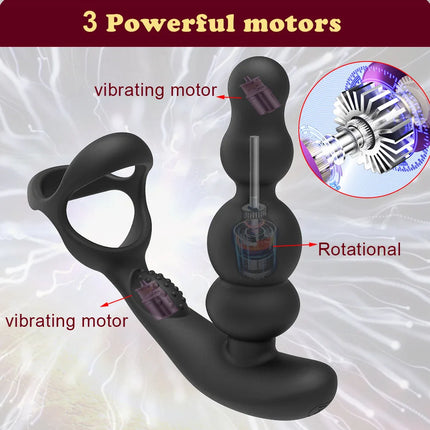 360° Rotating Anal Beads Prostate Massager with Cock Ring Remote Control Vibrating Butt Plug - Adult Toy for Men