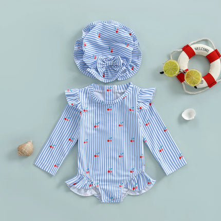 Children Baby Girl Rash Guard Long Sleeve Swimwear with Sun Hat Bathing Suit Infant Swimsuit Newborn 2 Piece Beachwear