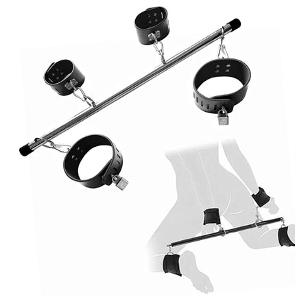 BDSM Bondage Adjustable Handcuffs & Ankle Cuffs with Stainless Steel Spreader Open Legs Pu Leather Set for Couple Sex Games