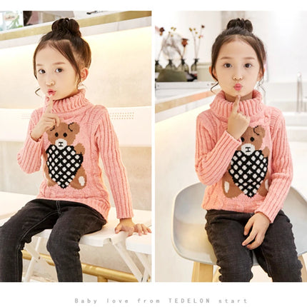 New Winter Keep Warm Girls Sweater Cartoon Bear Pattern High Neck Design Full Sleeve Knitted Shirt Children Birthday Present