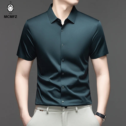 Casual Mens Short Sleeve Button Down Shirt Ice Silk Fabric Breathable Wrinkle Resistant Summer Formal Top