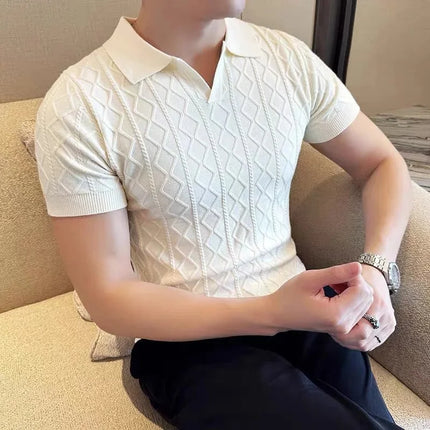 Business Casual Summer New Style Short Sleeve Polo Shirt Men's Knitted Slim Fit Collared Top Trendy Ins Style AE Stock