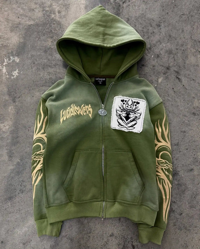 Harajuku Y2K New Fleece Thickened Goth Print Zipper Hoodie Women Street Hip Hop Joker Loose Sweatshirt Couple Casual Punk Hoodie