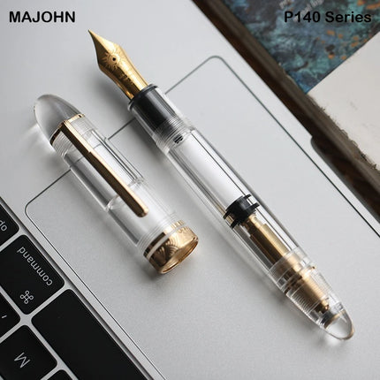 MAJOHN P140 Transparent Fountain Pen Sun Nib Metal Copper Piston Light Resin Body PK X159 9019 Stationery School Supplies