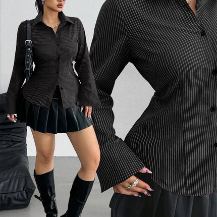 New Plus Size Lapel Print Striped Long-Sleeve Shirt Button Slim-Fit Top Blouse Versatile Elegant Office Fashion Female Clothing