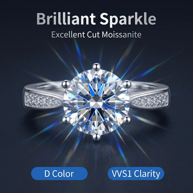 New D VVS1 Moissanite 0.5-2ct 925 Sterling Silver Ring for Women 6 Claw Jewelry Shining Classic Imitation Diamond Wedding Ring