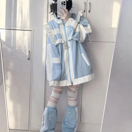 Japanese Y2K aesthetic Lolita style women's Harajuku style zip-up sweatshirt loose jacket autumn decadent casual ruffled patchwo