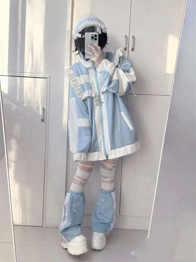 Japanese Y2K aesthetic Lolita style women's Harajuku style zip-up sweatshirt loose jacket autumn decadent casual ruffled patchwo