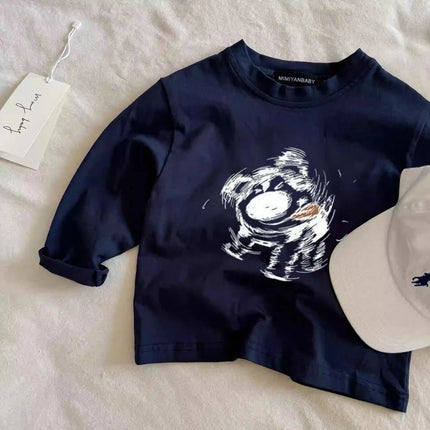 Cartoon Tshirt For Boys And Girls New Casual Long-sleeved Tops Simple Lovely Round Neck Base Shirt Printing Tees Baby Clothing