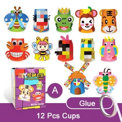 12pcs/set 3D DIY handmade Paper Cups Sticker Material Kit Kids Kindergarten School Art Craft Educational Toys for Children TMZ