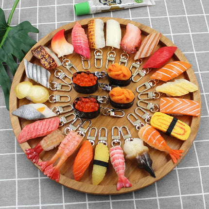 Simulated Food Pendant PVC Japanese Salmon Sushi Model Keychains Car Key Chain Phone Pendant Keyrings Creative Decoration Gift