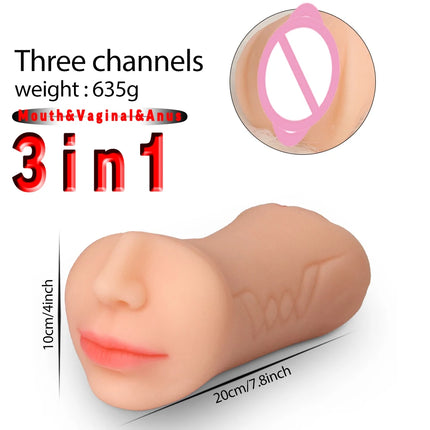 Realistic 3 in 1 Male Masturbator Cup Mouth Vagina Anal 3 Holes Deep Throat Blowjob Pocket Pussy Airplane Cup Sex Toy for Men