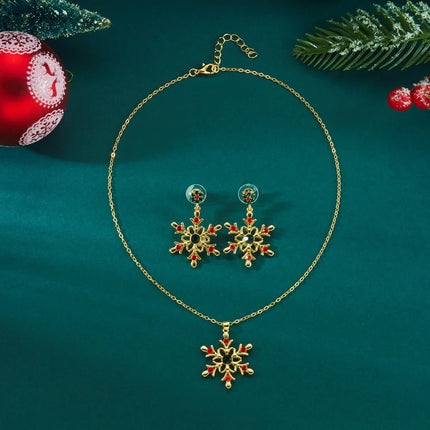Luxury Zinc Alloy Christmas Jewelry Set Colorful Rhinestone Xmas Dangle Earrings Pendant Snowflake Necklace Women