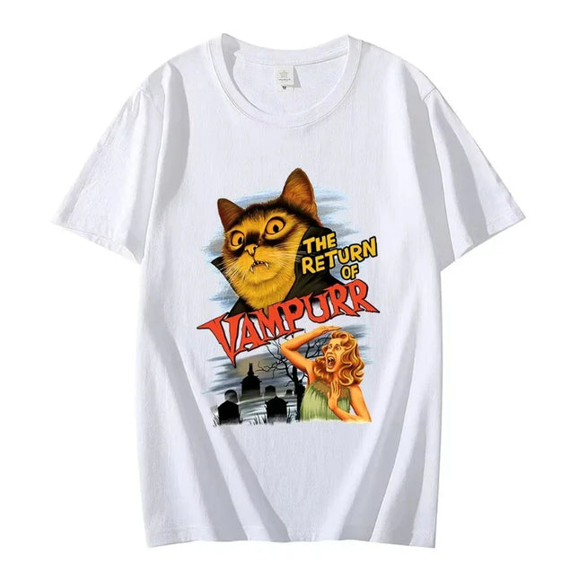 Funny Cat The Return of Vampurr Graphic T-shirt Men Women Cotton Short Sleeve Horror Halloween T Shirt Casual Clothing T-shirts