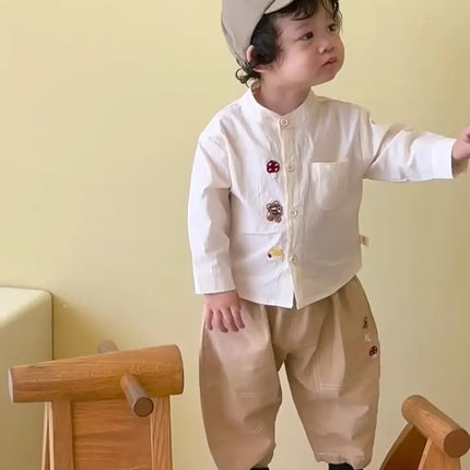 2026 Fall New Toddler Kids Pants Cotton Cartoon Embroidered Harem Pants Baby Boy Casual Striped Denim Baggy Trousers